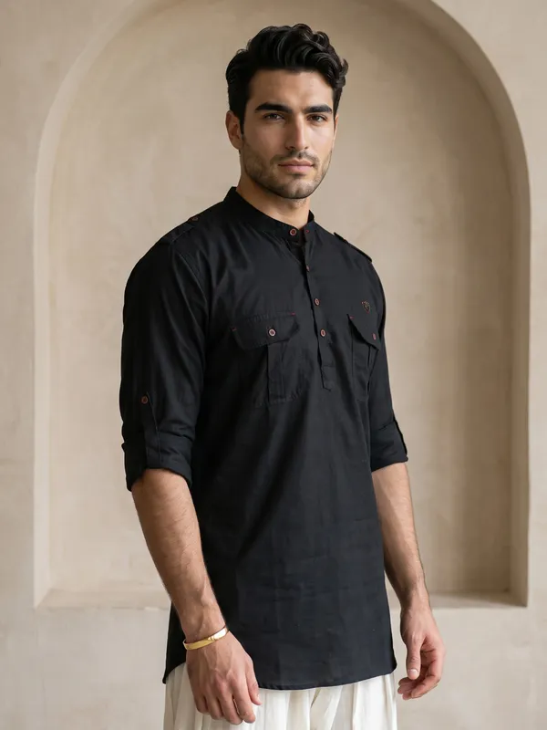 Kuons_Avenue_Men’s_Black_Linen_Cotton_Pathani_Kurta