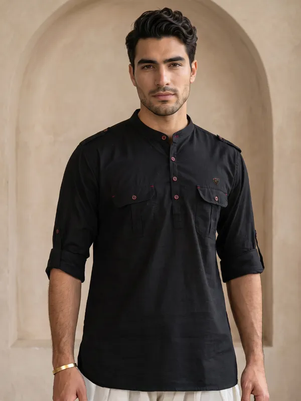 Kuons_Avenue_Men’s_Black_Linen_Cotton_Pathani_Kurta