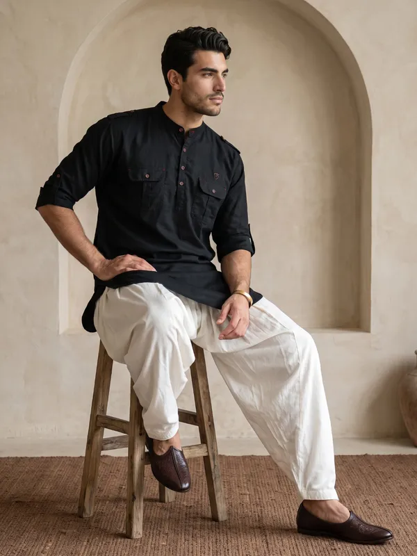 Kuons_Avenue_Men’s_Black_Linen_Cotton_Pathani_Kurta