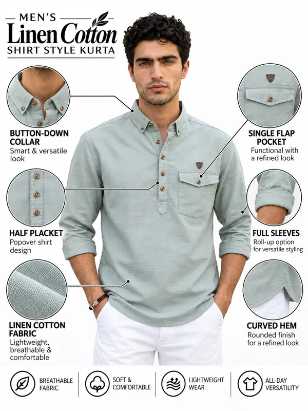 Kuons_Avenue_Men’s_Cadet_Blue_Linen_Cotton_Shirt_Style_Kurta