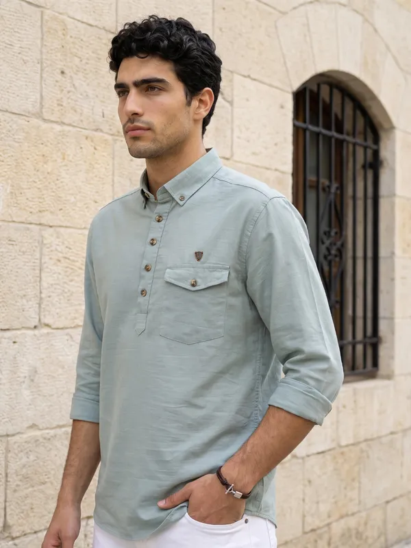 Kuons_Avenue_Men’s_Cadet_Blue_Linen_Cotton_Shirt_Style_Kurta