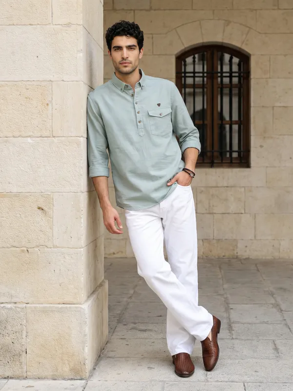 Kuons_Avenue_Men’s_Cadet_Blue_Linen_Cotton_Shirt_Style_Kurta