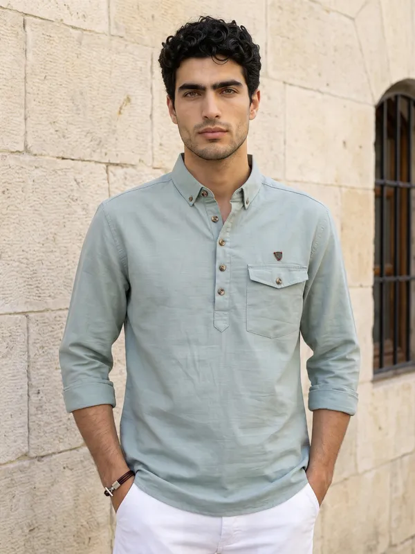 Kuons_Avenue_Men’s_Cadet_Blue_Linen_Cotton_Shirt_Style_Kurta