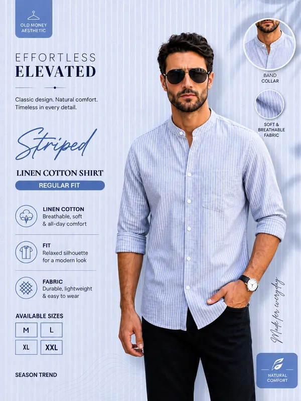 Kuons_Avenue_Men's_Celeste_Blue_Linen_Cotton_Striped_Casual_Shirt