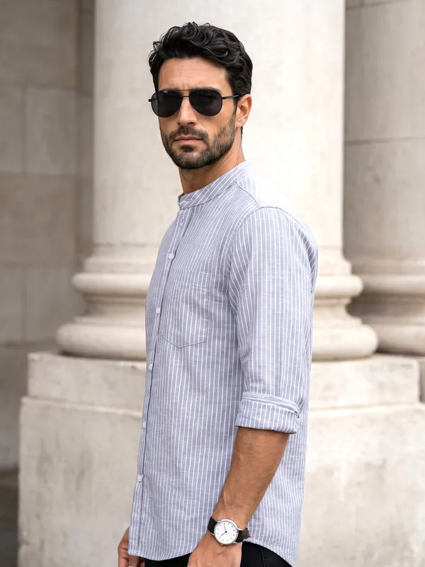 Kuons_Avenue_Men's_Celeste_Blue_Linen_Cotton_Striped_Casual_Shirt