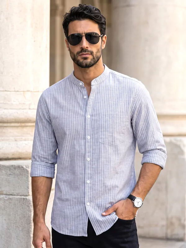 Kuons_Avenue_Men's_Celeste_Blue_Linen_Cotton_Striped_Casual_Shirt