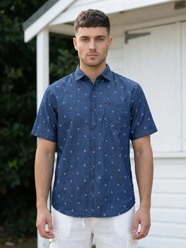 Kuons_Avenue_Men’s_Dark_Blue_Printed_Denim_Casual_Shirt