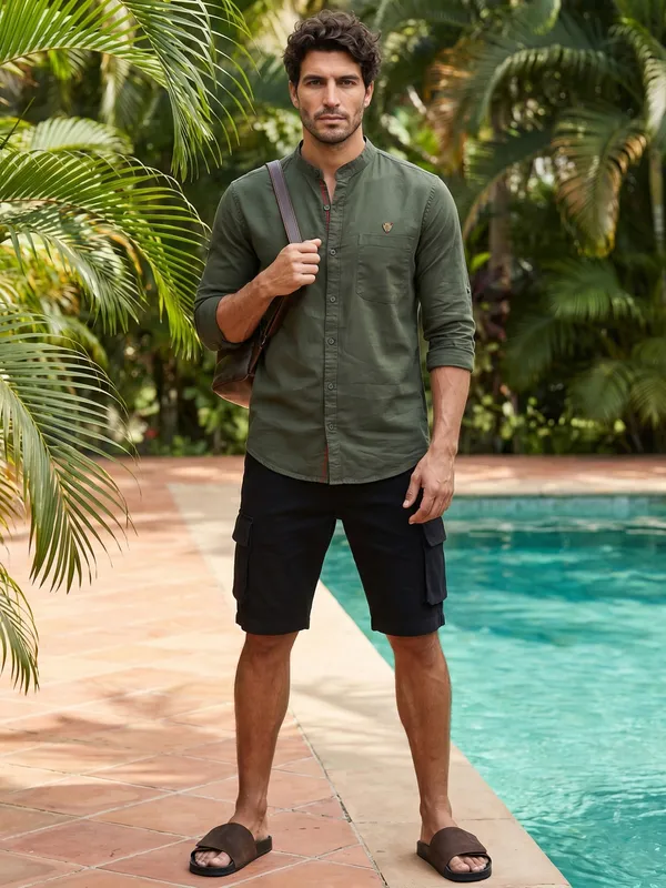 Kuons_Avenue_Men's_Dark_Olive_Linen_Cotton_Casual_Shirt