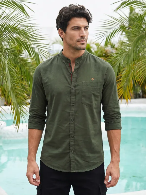 Kuons_Avenue_Men's_Dark_Olive_Linen_Cotton_Casual_Shirt