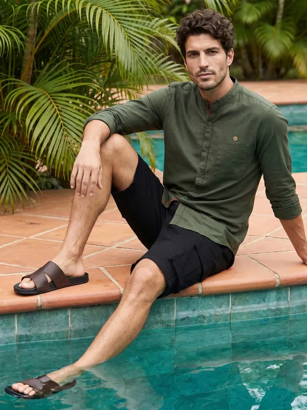 Kuons_Avenue_Men's_Dark_Olive_Linen_Cotton_Casual_Shirt