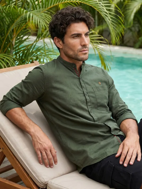 Kuons_Avenue_Men's_Dark_Olive_Linen_Cotton_Casual_Shirt