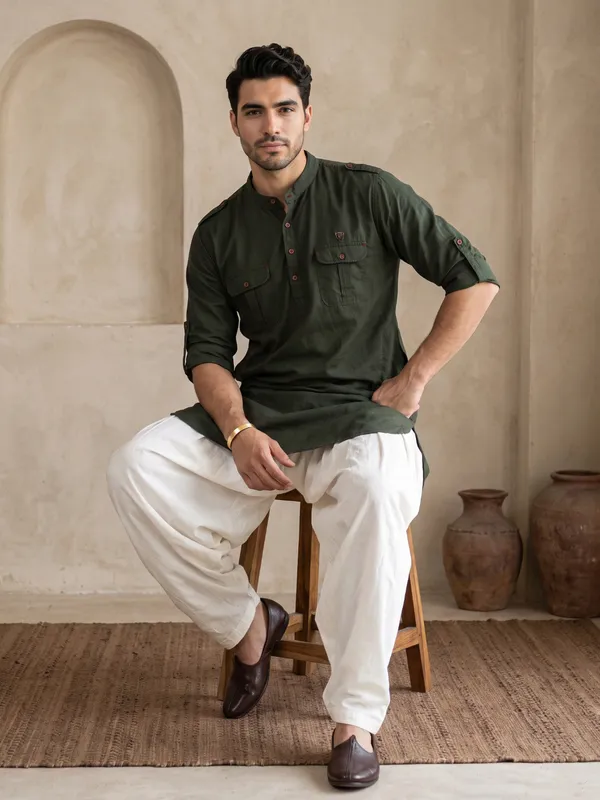 Kuons_Avenue_Men’s_Dark_Olive_Linen_Cotton_Pathani_Kurta