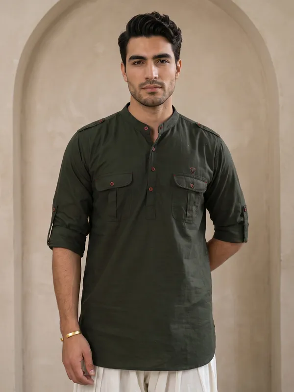 Kuons_Avenue_Men’s_Dark_Olive_Linen_Cotton_Pathani_Kurta