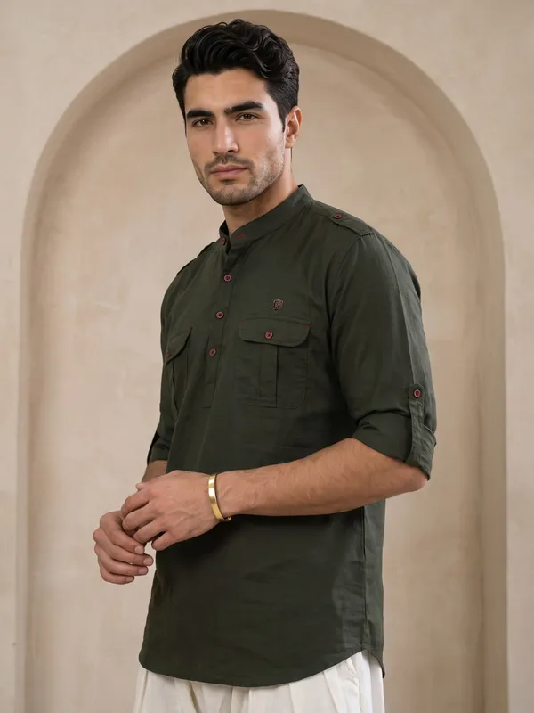 Kuons_Avenue_Men’s_Dark_Olive_Linen_Cotton_Pathani_Kurta