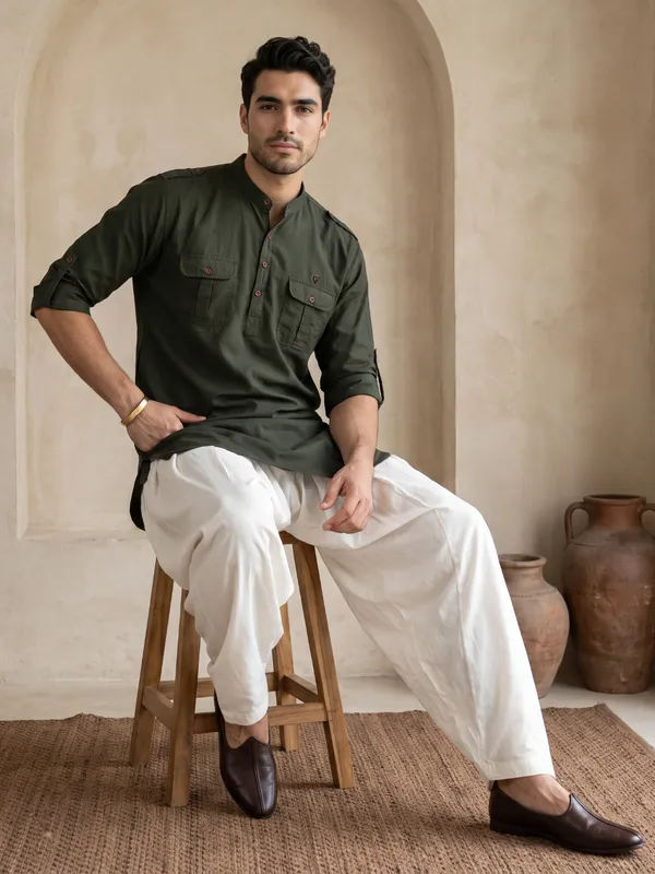 Kuons_Avenue_Men’s_Dark_Olive_Linen_Cotton_Pathani_Kurta