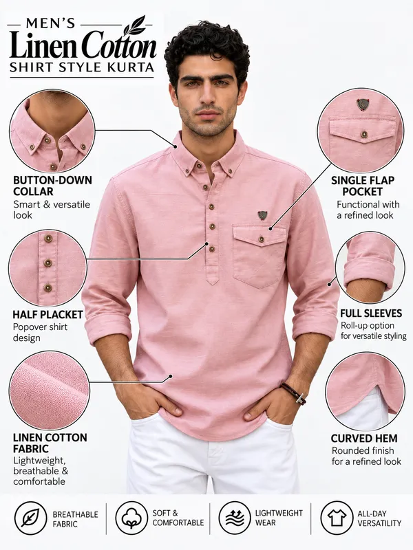 Kuons_Avenue_Men's_Dusty_Rose_Linen_Cotton_Shirt_Style_Kurta