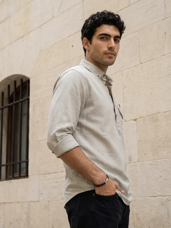Kuons_Avenue_Men’s_Ecru_Linen_Cotton_Shirt_Style_Kurta