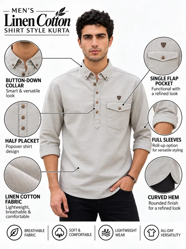 Kuons_Avenue_Men’s_Ecru_Linen_Cotton_Shirt_Style_Kurta