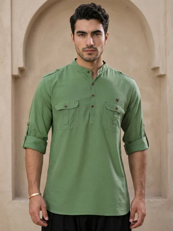 Kuons_Avenue_Men’s_Fresh_Green_Linen_Cotton_Pathani_Kurta