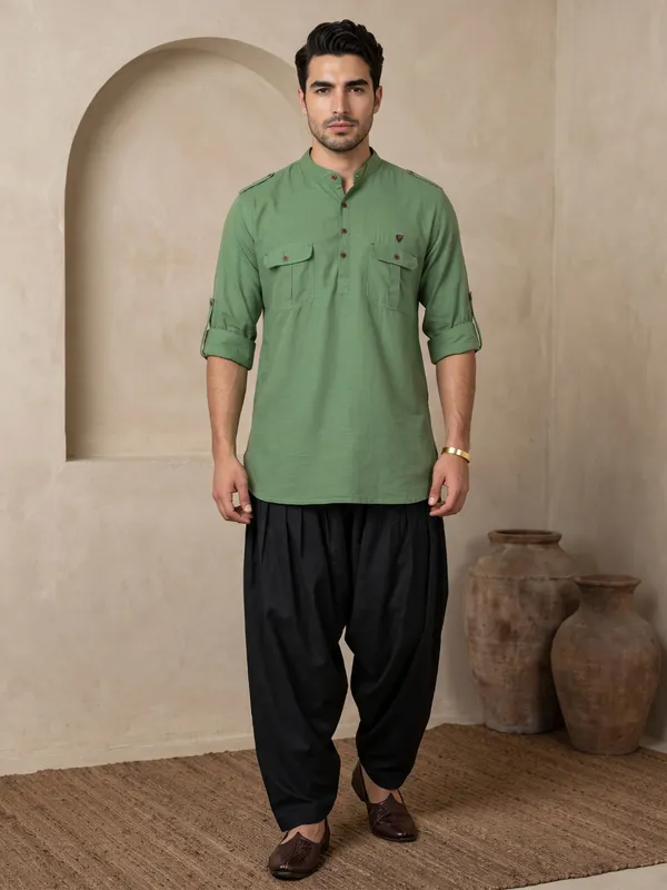 Kuons_Avenue_Men’s_Fresh_Green_Linen_Cotton_Pathani_Kurta
