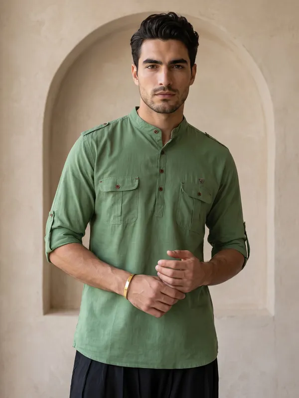 Kuons_Avenue_Men’s_Fresh_Green_Linen_Cotton_Pathani_Kurta