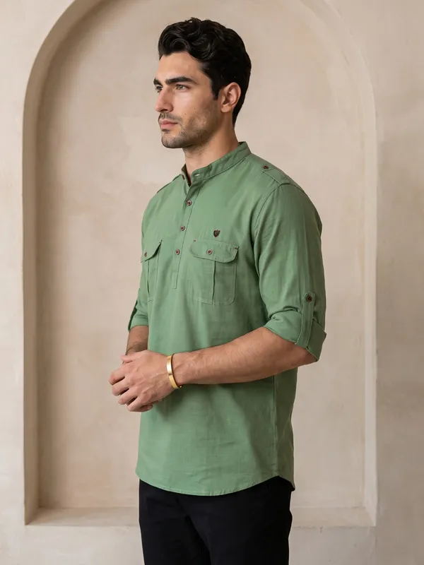 Kuons_Avenue_Men’s_Fresh_Green_Linen_Cotton_Pathani_Kurta