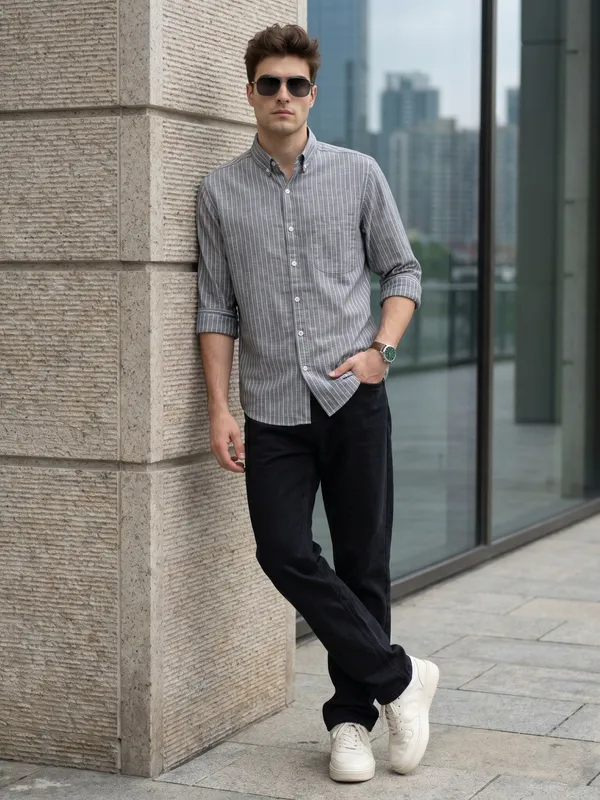 Kuons_Avenue_Men’s_Grey_Base_&_Cream_Striped_Linen_Cotton_Casual_Shirt