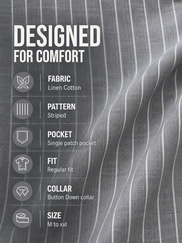 Kuons_Avenue_Men’s_Grey_Base_&_Cream_Striped_Linen_Cotton_Casual_Shirt