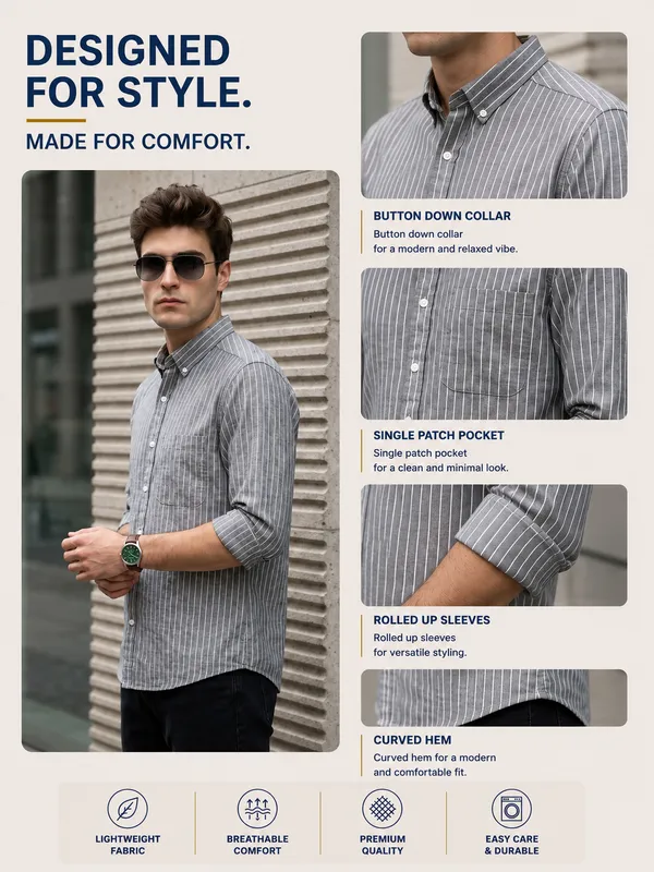 Kuons_Avenue_Men’s_Grey_Base_&_Cream_Striped_Linen_Cotton_Casual_Shirt