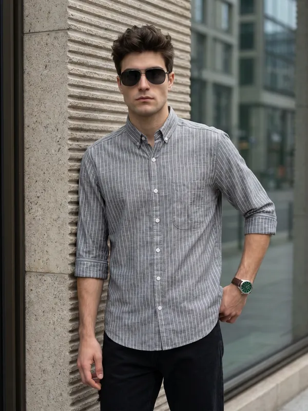 Kuons_Avenue_Men’s_Grey_Base_&_Cream_Striped_Linen_Cotton_Casual_Shirt