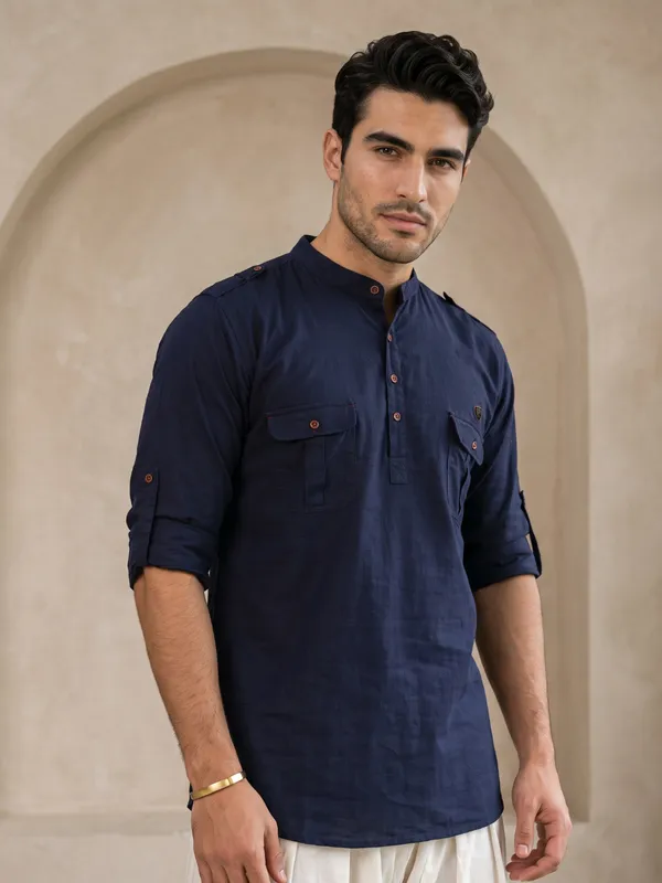 Kuons_Avenue_Men’s_Indigo_Linen_Cotton_Pathani_Kurta