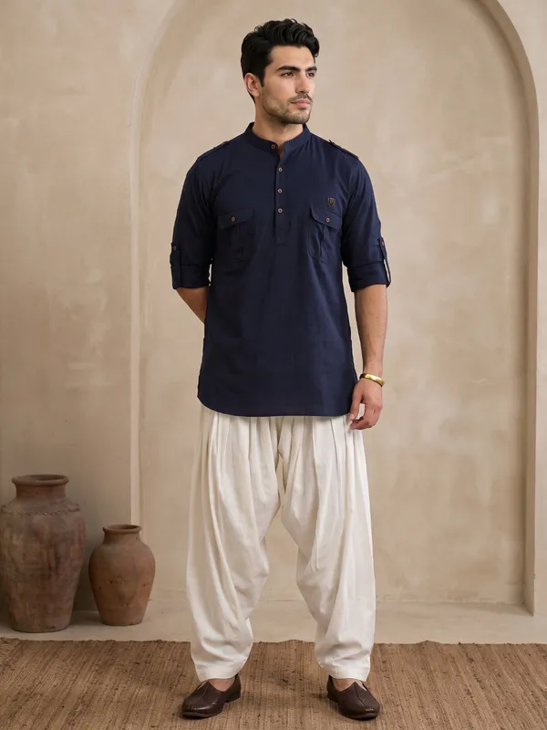 Kuons_Avenue_Men’s_Indigo_Linen_Cotton_Pathani_Kurta