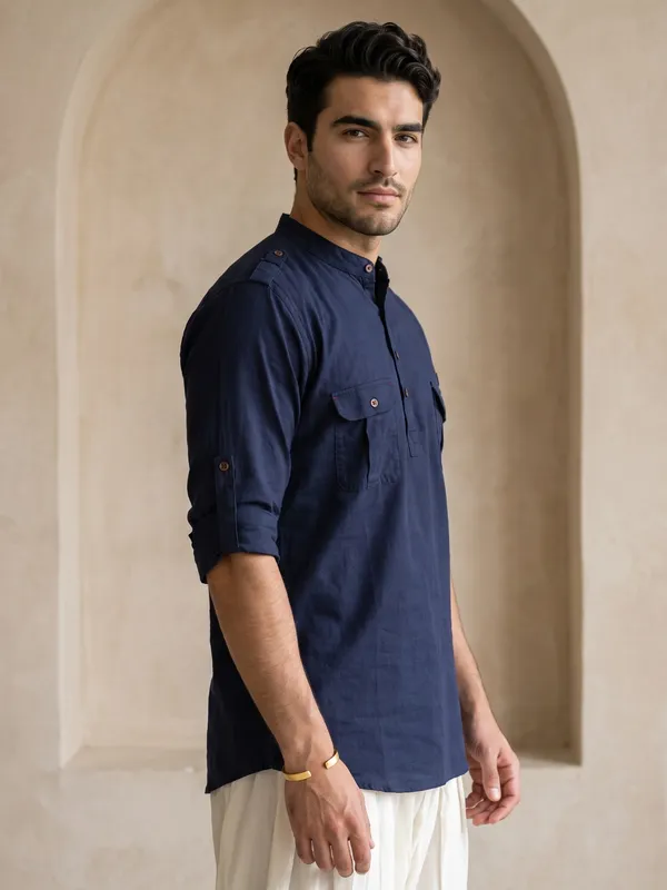 Kuons_Avenue_Men’s_Indigo_Linen_Cotton_Pathani_Kurta