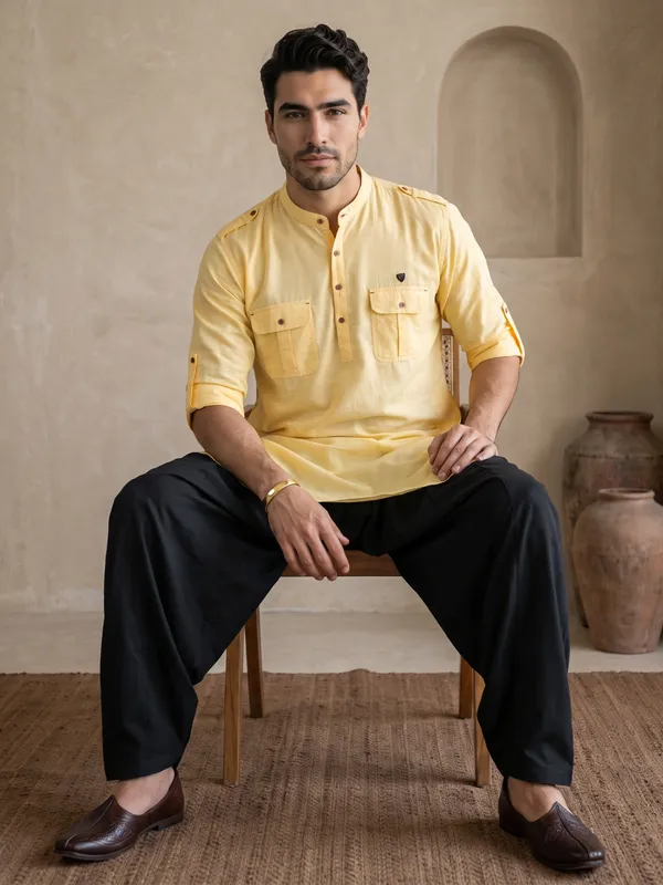 Kuons_Avenue_Men’s_Lime_Yellow_Linen_Cotton_Pathani_Kurta