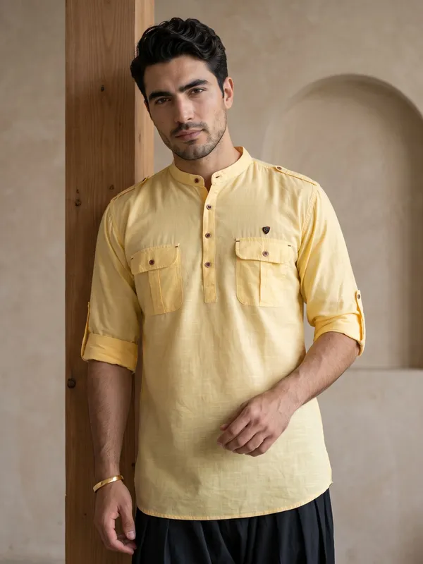 Kuons_Avenue_Men’s_Lime_Yellow_Linen_Cotton_Pathani_Kurta