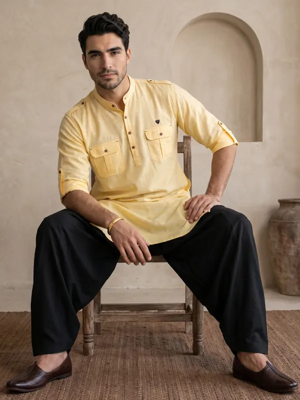 Kuons_Avenue_Men’s_Lime_Yellow_Linen_Cotton_Pathani_Kurta