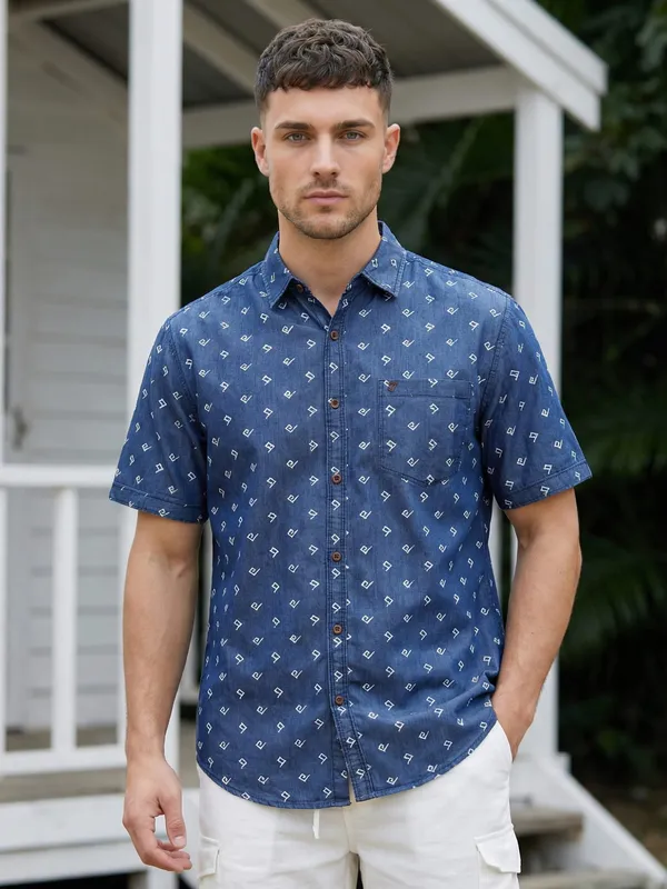 Kuons_Avenue_Men’s_Midnight_Blue_Printed_Half_Sleeves_Denim_Casual_Shirt