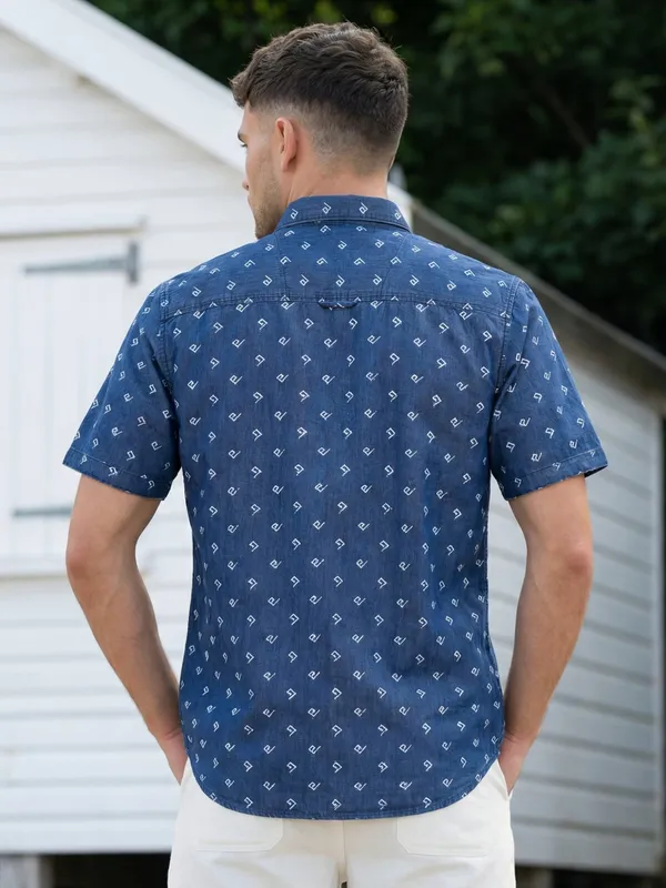 Kuons_Avenue_Men’s_Midnight_Blue_Printed_Half_Sleeves_Denim_Casual_Shirt