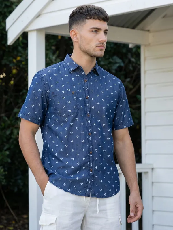 Kuons_Avenue_Men’s_Midnight_Blue_Printed_Half_Sleeves_Denim_Casual_Shirt