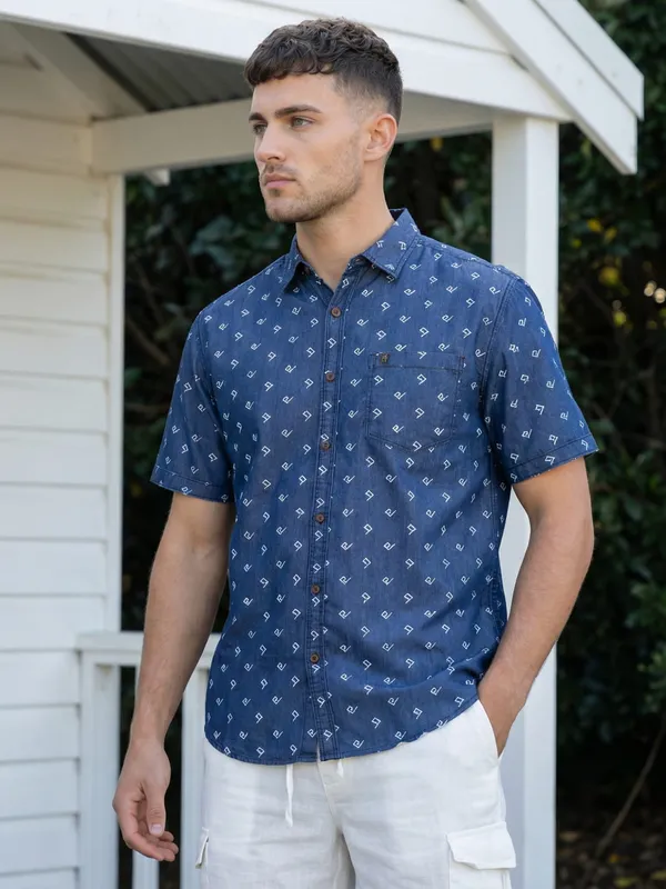 Kuons_Avenue_Men’s_Midnight_Blue_Printed_Half_Sleeves_Denim_Casual_Shirt