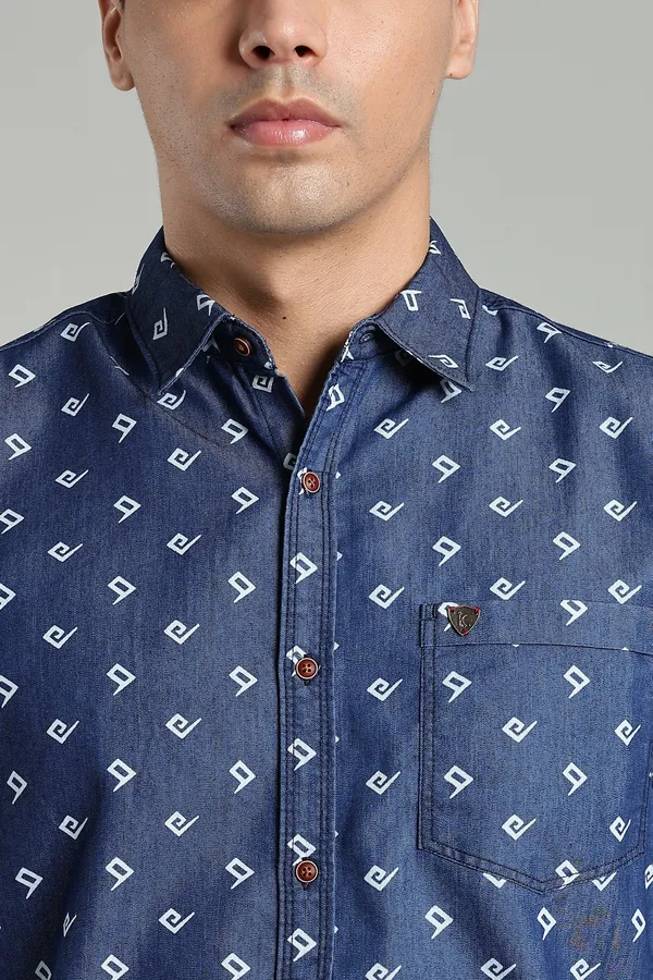 Kuons_Avenue_Men’s_Midnight_Blue_Printed_Half_Sleeves_Denim_Casual_Shirt