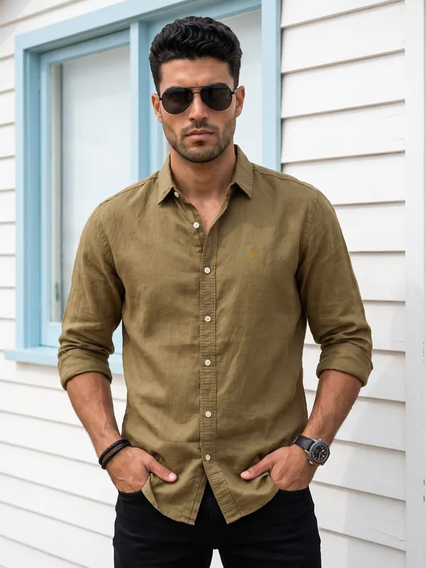 Kuons_Avenue_Men's_Military_Green_Tencel_Linen_Casual_Shirt