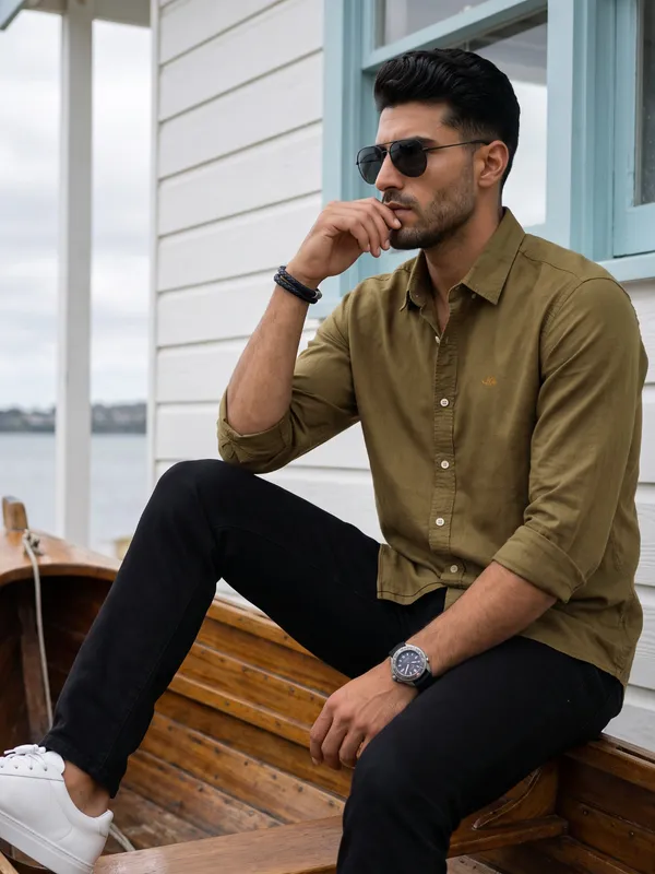 Kuons_Avenue_Men's_Military_Green_Tencel_Linen_Casual_Shirt