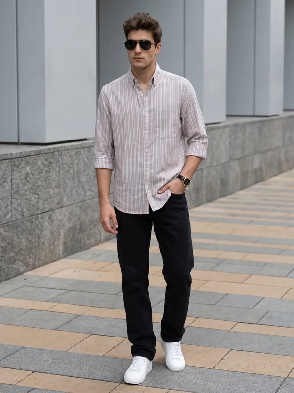 Kuons_Avenue_Men’s_Nude_Pink_with_Beige_&_White_Striped_Linen_Cotton_Casual_Shirt
