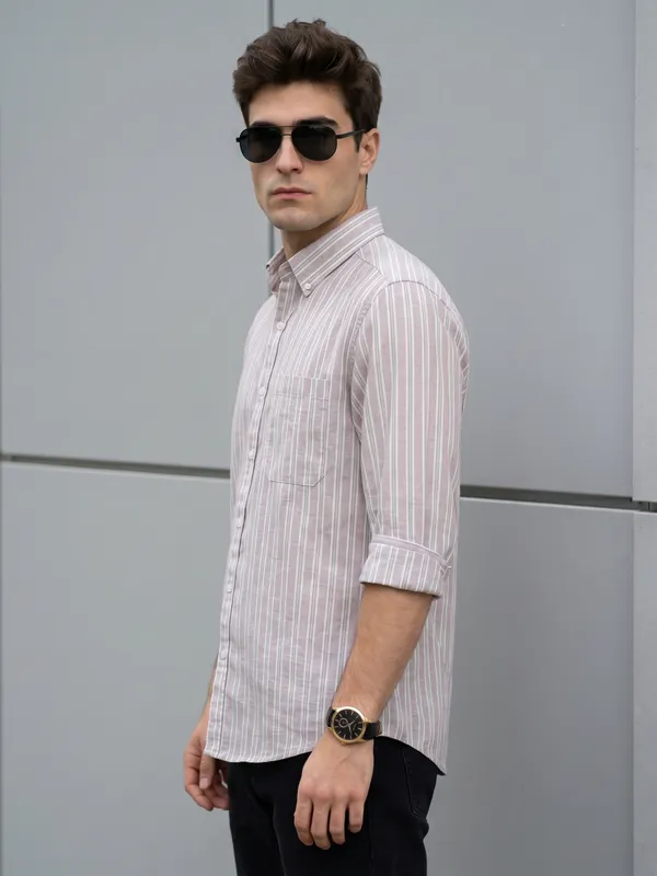 Kuons_Avenue_Men’s_Nude_Pink_with_Beige_&_White_Striped_Linen_Cotton_Casual_Shirt