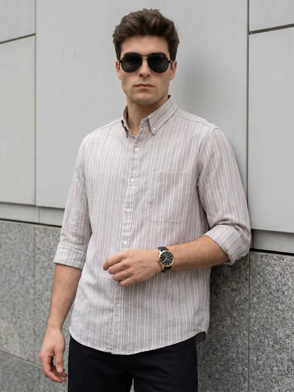 Kuons_Avenue_Men’s_Nude_Pink_with_Beige_&_White_Striped_Linen_Cotton_Casual_Shirt