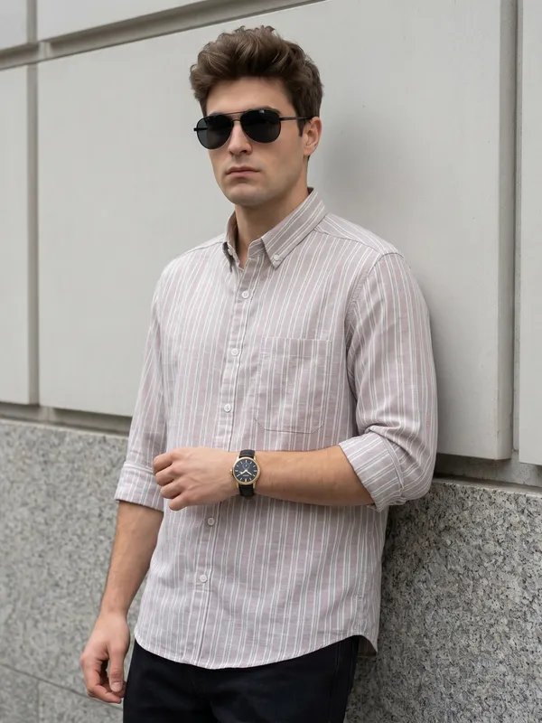 Kuons_Avenue_Men’s_Nude_Pink_with_Beige_&_White_Striped_Linen_Cotton_Casual_Shirt