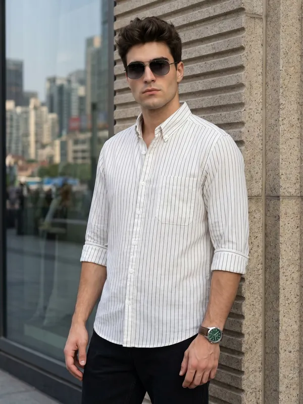 Kuons_Avenue_Men’s_Off-White_Base_&_Grey_Striped_Linen_Cotton_Casual_Shirt