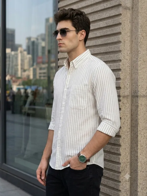 Kuons_Avenue_Men’s_Off-White_Base_&_Grey_Striped_Linen_Cotton_Casual_Shirt