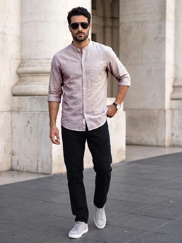 Kuons_Avenue_Men's_Pink_Taupe_Linen_Cotton_Striped_Casual_Shirt